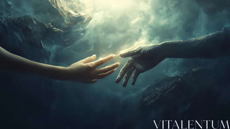 Digital painting of human and ethereal hand nearing contact.