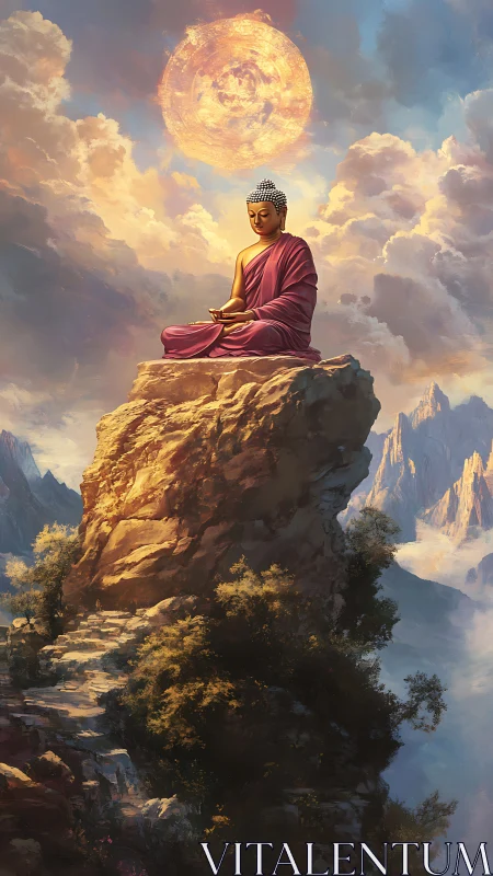 Seated monk on isolated rock summit beneath radiant orb.