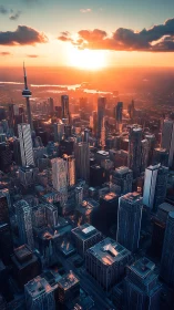 Sunset glow washes over a modern glass city skyline.