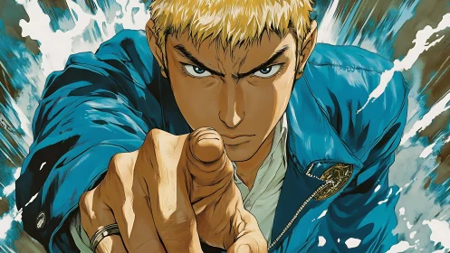 Blond male character in blue jacket extending pointed finger.