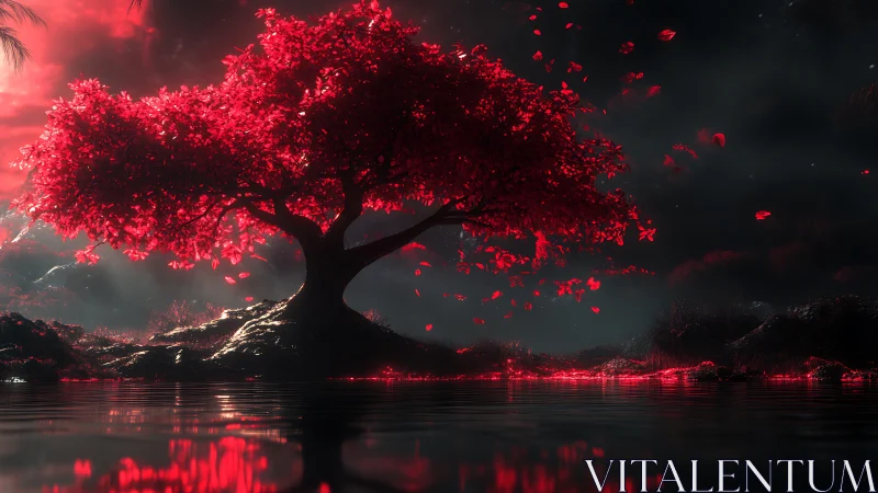 Luminous crimson tree glows over reflective nocturnal water