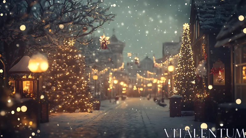 Snowy Christmas street scene glows with warm festive bokeh