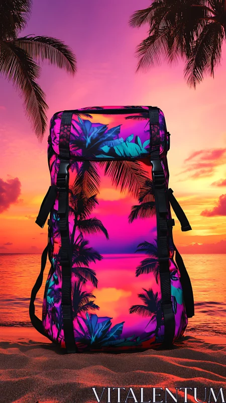 Neon tropical backpack against vivid sunset shoreline.