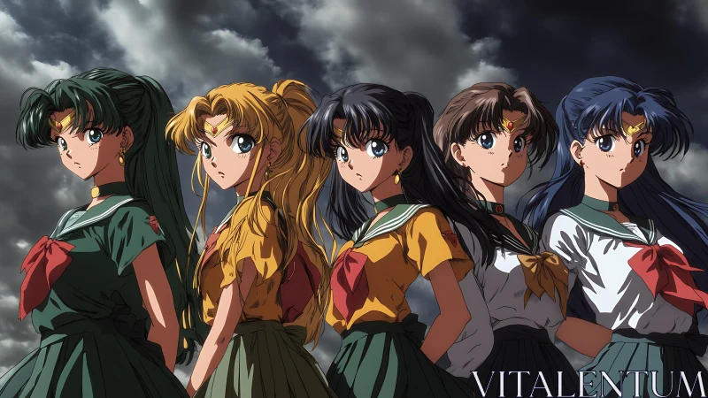 Stormlit anime warriors in school uniforms stand united.