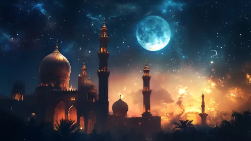 Luminous domed skyline under nebular night sky and oversized moon