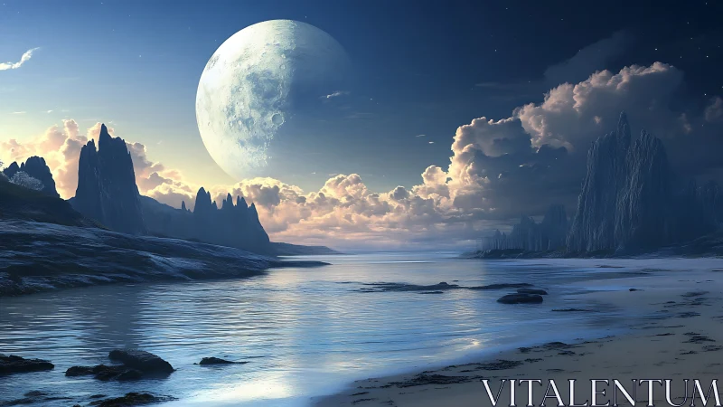 Alien coastal landscape under large moon at dusk.