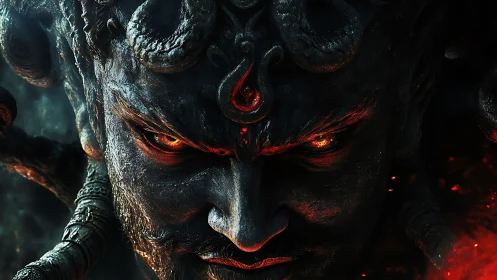 Close frontal view of horned demonic face with fiery eyes.
