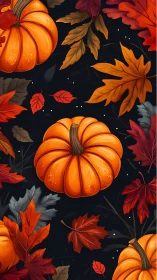 Pumpkins with autumn leaves on dark seasonal background.