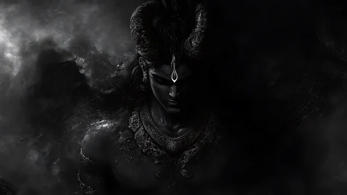 Horned shadow deity emerges from swirling darkness