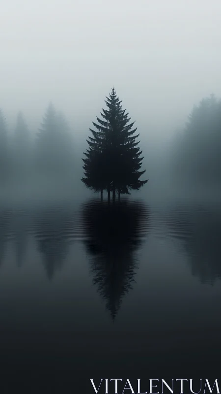Minimalist conifer silhouette with mirrored lake reflection.