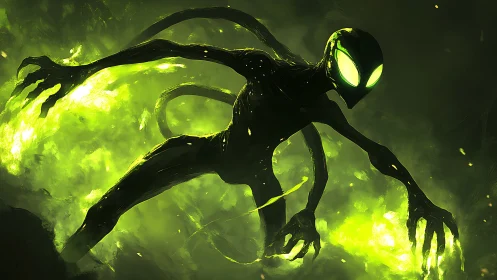 Alien shadow entity stalks through toxic neon haze.