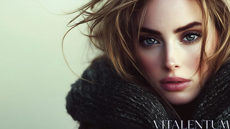 Winter gaze wrapped in charcoal wool and quiet electricity.