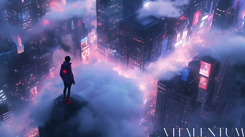 Figure overlooking illuminated foggy neon cityscape at night.