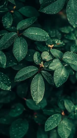 Rain-kissed emerald leaves in quiet forest hush.