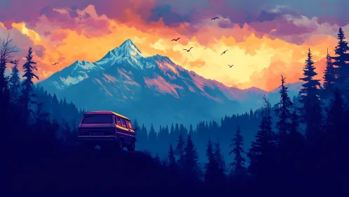 Sunset road trip van rests beneath glowing mountain sky
