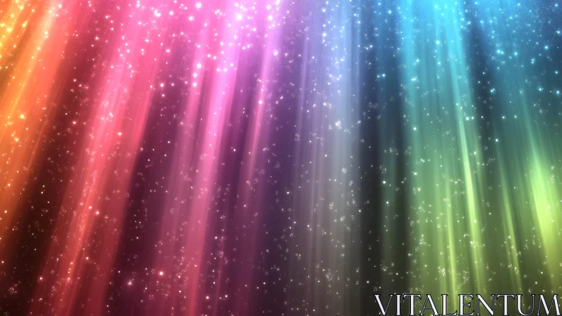Radiant multicolored light beams with sparkling particles background.