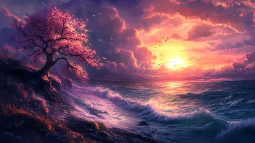 Coastal cherry tree beside ocean waves at vivid sunset.