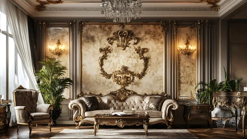 Baroque living room interior with gilded wall panels