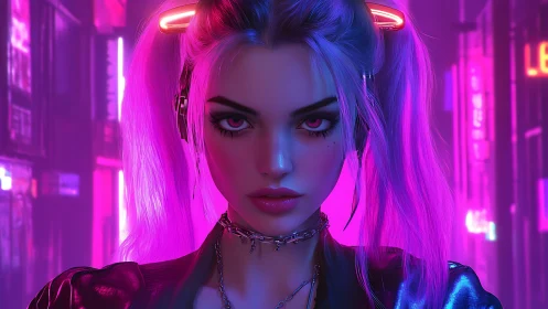 Cyberpunk woman with neon hair in futuristic city street.