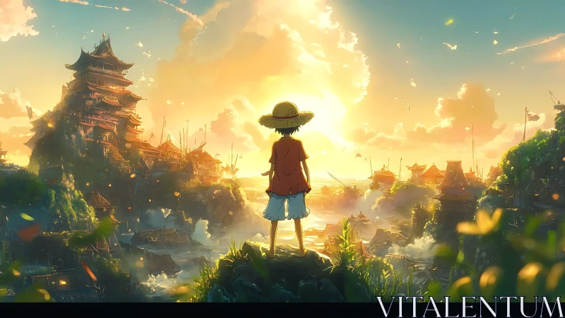 Sunlit coastal village vista with lone straw-hatted wanderer.