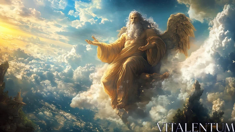 Winged elder figure seated among clouds in radiant sky