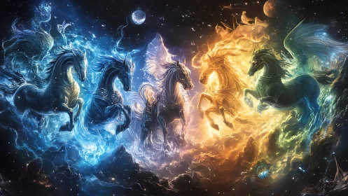 Celestial elemental steeds gallop through a swirling cosmos.