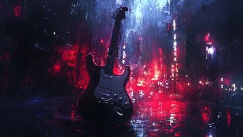 Neon rain crowns a lone electric guitar with urban echoes