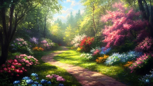 Sunlit garden path where spring paints the air with color.