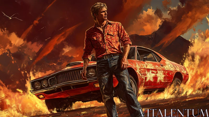 Flaming road hero strides forward beside his blazing muscle car
