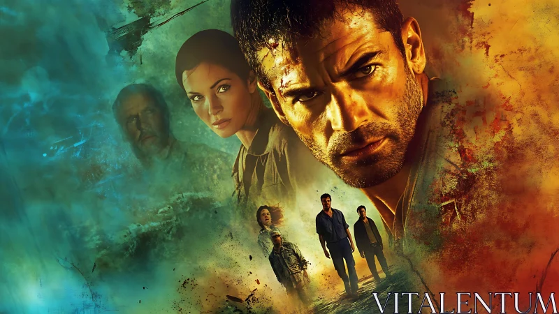 Ensemble of serious figures against textured color clouds.