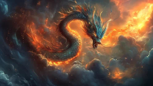 Serpentine dragon form amid clouds and flowing orange fire.