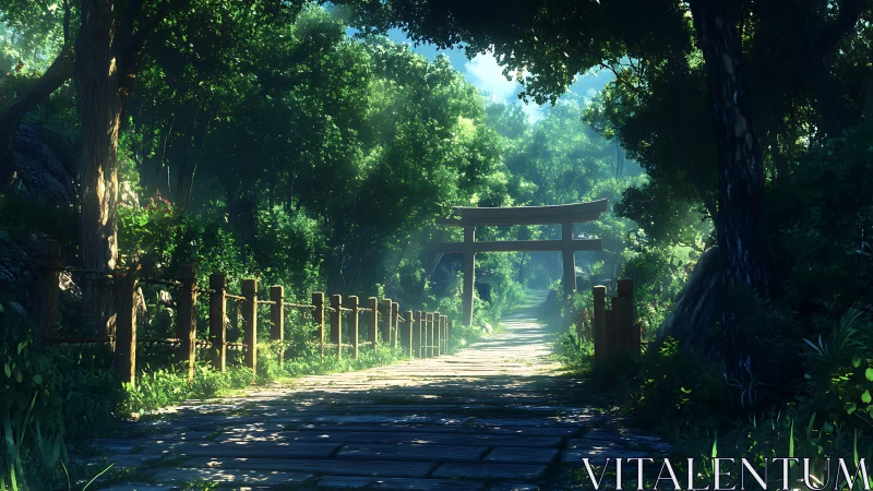 Forest path leading toward traditional wooden torii gate.