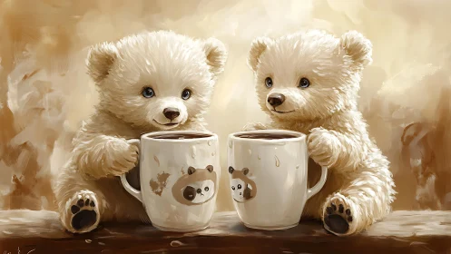 Digital painting of teddy bear duo sharing oversized cocoa mugs.