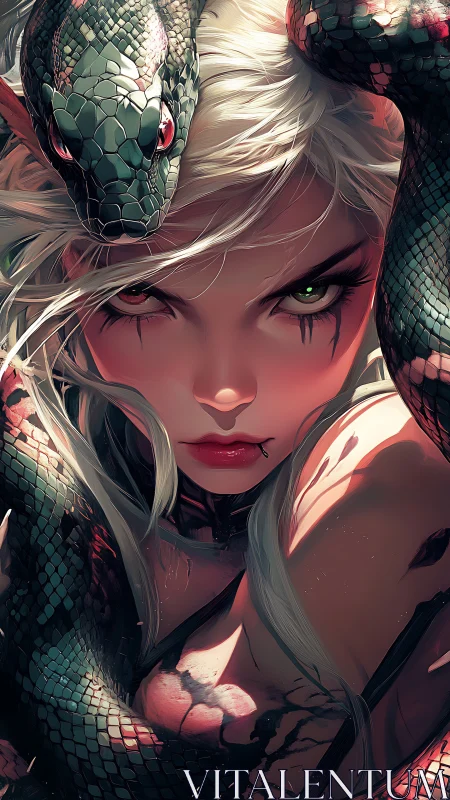 Enigmatic serpent queen locks eyes in a fierce, neon glow