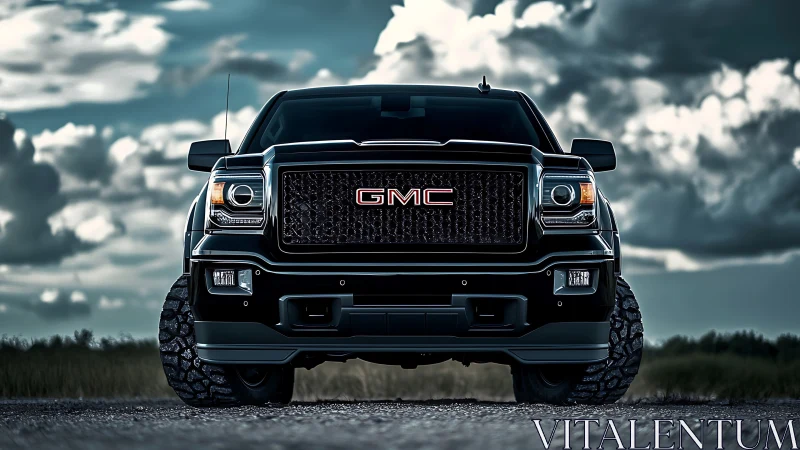 Front view of lifted black GMC pickup truck outdoors.