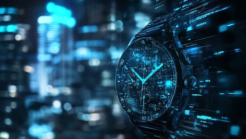Futuristic city watch glowing with digital midnight energy.