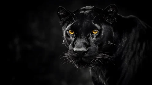 Black Panther Portrait with Amber Eyes Against Dark Background.