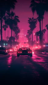 Neon-lit palm avenue with retro car in nocturnal traffic.