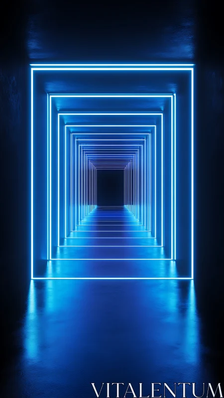 Neon tunnel recedes through luminous blue geometric corridor.