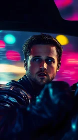 Driver grips wheel under neon city lights with tense gaze