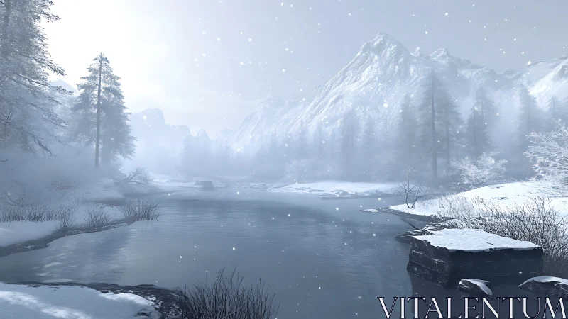 Snow-covered river valley with distant mountain range.