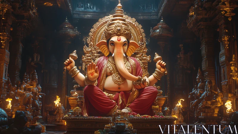 Majestic Ganesha idol in ornate golden temple sanctum.