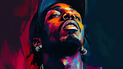 Digital painting portrait with neon split-complementary palette.