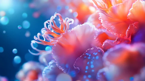 Bioluminescent jellyfish organisms rendered with volumetric light scattering and chromatic aberratio