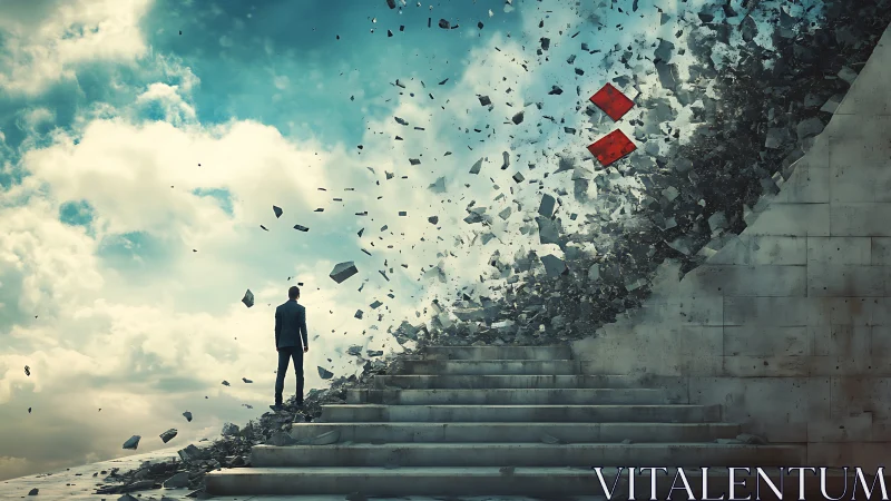 Stone steps unravel as a lone dreamer walks into the sky