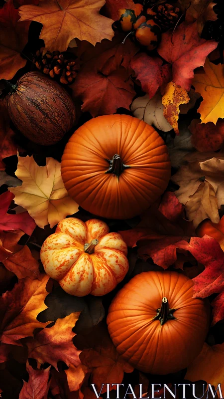 Richly lit pumpkins nestled in layered autumn foliage.