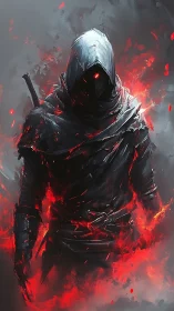 Hooded shadow assassin emerges through infernal crimson blaze.