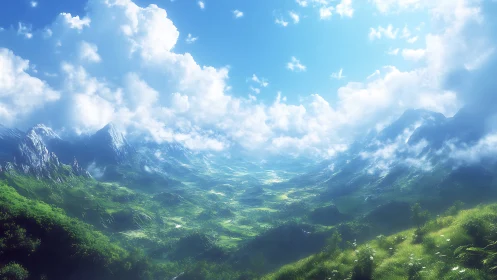 Volumetric cloudscapes above sunlit alpine valley basin