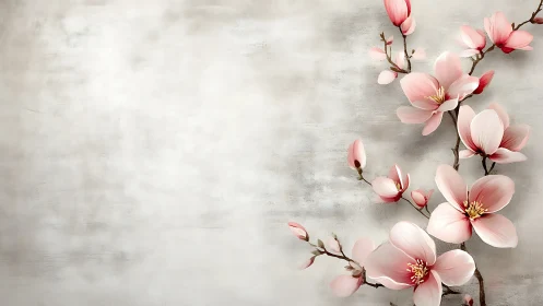 Pink magnolia flowers arranged on textured gray background surface.