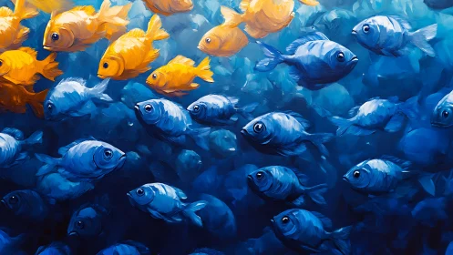Golden rebels in a blue sea of fish swim with quiet courage.